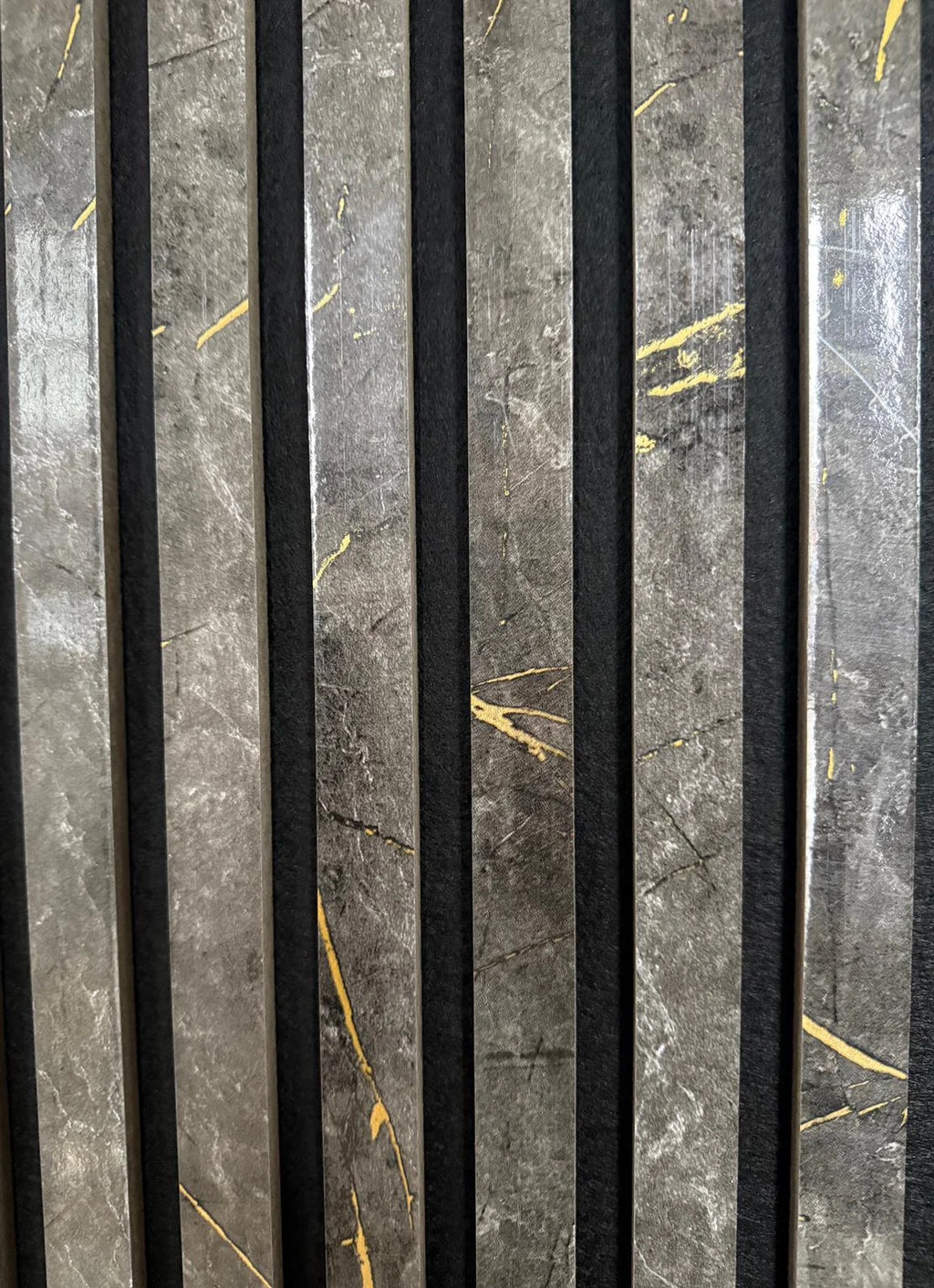 Acoustic Premium Wide Slatted Wall Panels - 280cm x 60cm - Black & Gold Marble