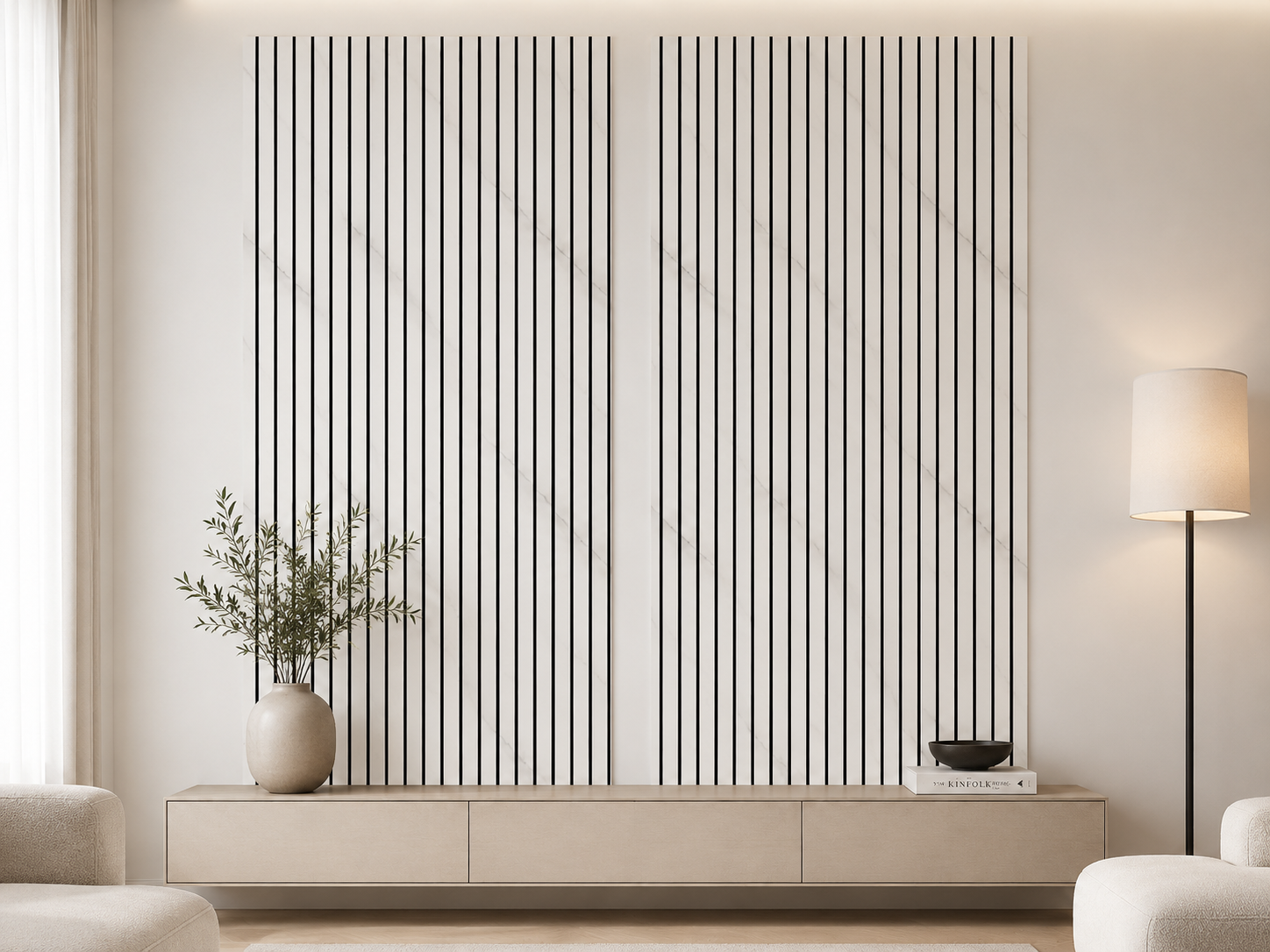 Premium Acoustic Slatted Wall Panels - White Marble