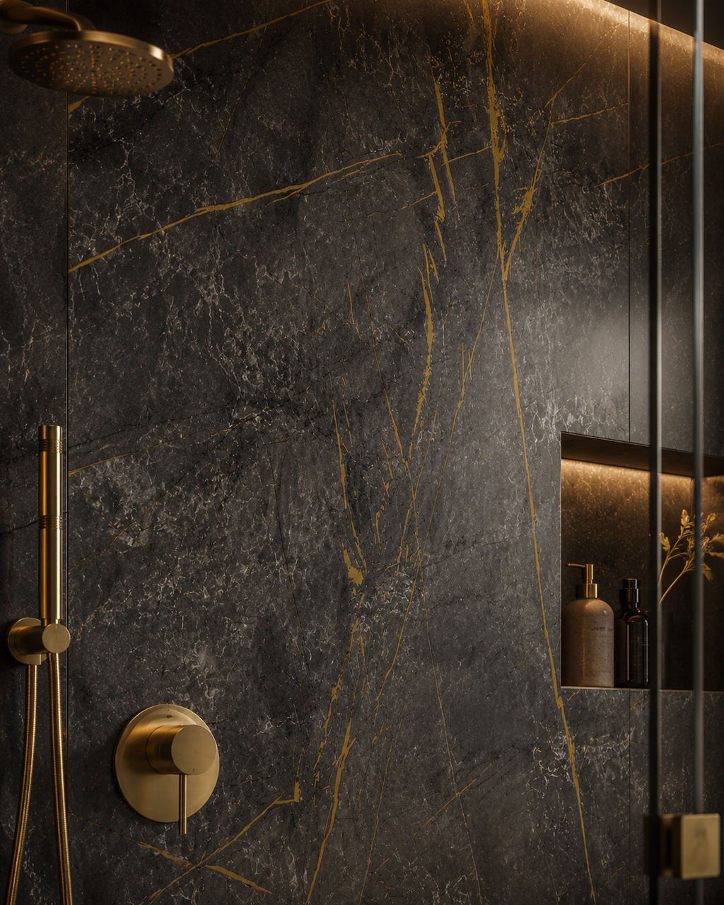 PVC Bathroom Wall Panels – Waterproof Modern Wall Solution - Black & Gold Marble
