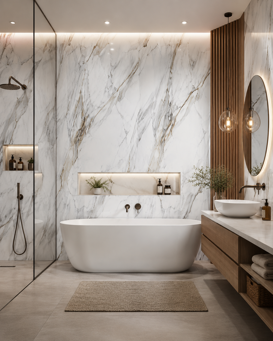 PVC Bathroom Wall Panels – Waterproof Modern Wall Solution - White & Gold Marble